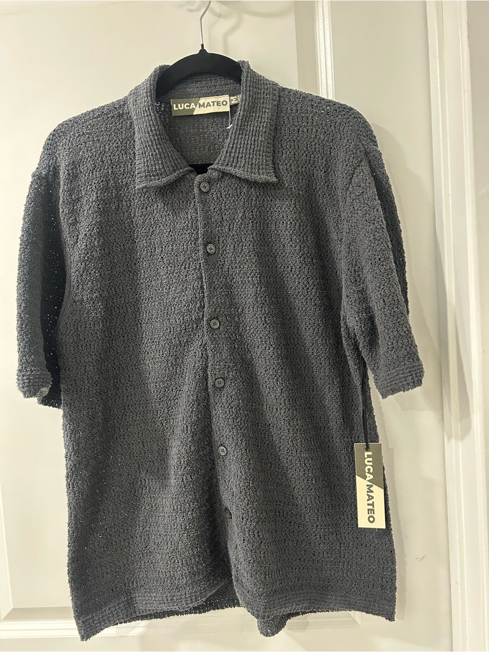 LUCA MATEO Charcoal Knit Button-Up Short Sleeve Shirt